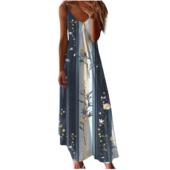 FRSASU Summer Maxi Dress for Women Spaghetti Strap Casual Sleeveless Printed Boho Floral Beach Vacation Sundress Multicolor-A