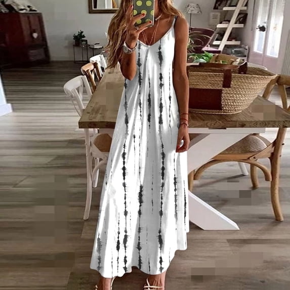 FRSASU Summer Maxi Dress for Women Spaghetti Strap Casual Sleeveless Printed Boho Floral Beach Vacation Sundress Multicolor-G