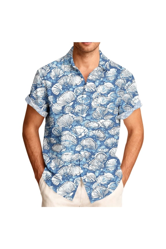 Summer Mens Seashells Conches Printed Hawaiian Shirts Lapel CamisasFashion Short Sleeve Shirt Navy-E
