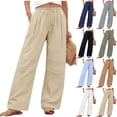 thumbnail image 1 of FRSASU Summer Pants for Women Casual Summer Drawstring Elastic High Waist Cotton Linen Pants Straight Wide Leg Trousers Yellow, 1 of 9