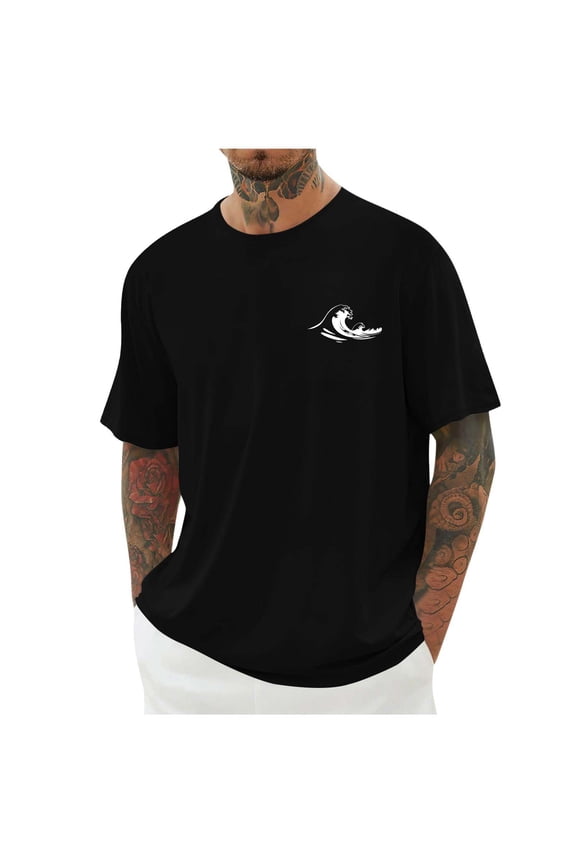 Summer Round Neck Short Sleeved T Shirt In Men's Wave Beach Print Soft T Shirts Black