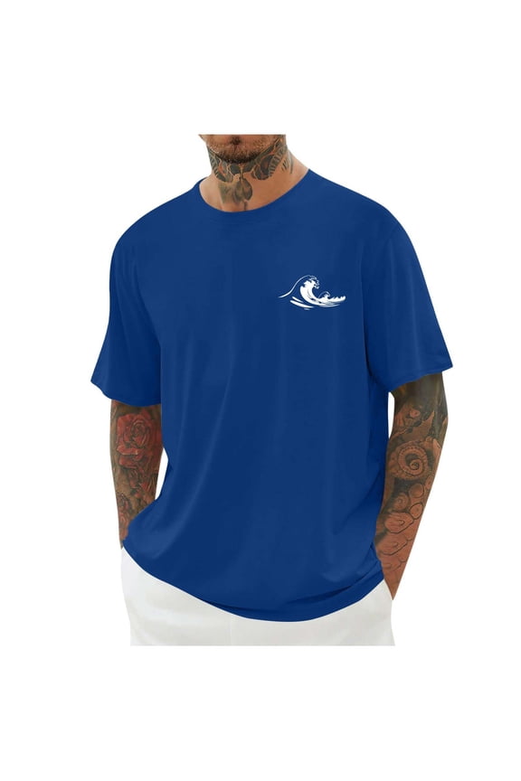 Summer Round Neck Short Sleeved T Shirt In Men's Wave Beach Print Soft T Shirts Blue