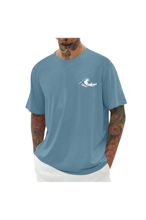 Summer Round Neck Short Sleeved T Shirt In Men's Wave Beach Print Soft T Shirts Light Blue