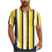 FRSASU Button Down Shirt Men Casual Fashion Turndown Collar Stripe Printing Short Sleeve Button Shirt Blouse Yellow L