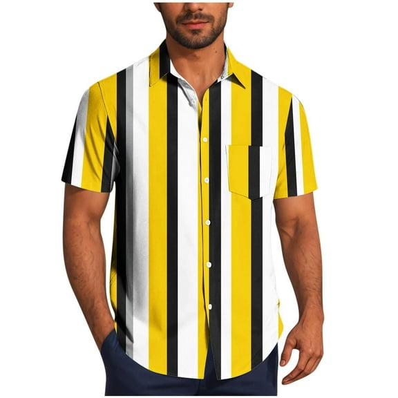 FRSASU Button Down Shirt Men Casual Fashion Turndown Collar Stripe Printing Short Sleeve Button Shirt Blouse Yellow L