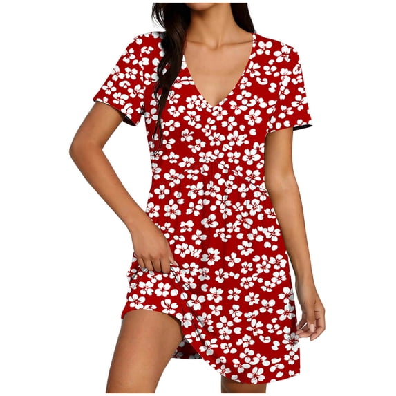 FRSASU Summer Short Sleeve Dresses for Women Flower Print Slim Fit Adjustable Strap Casual V-Neck Flowy Mini Dresses Red-R