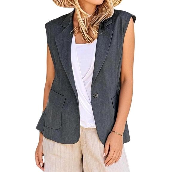 FRSASU Summer Sleeveless Blazers for Women Business Casual Dressy Lapel V Neck Button Open Front Work Suit Vest Tops Gray