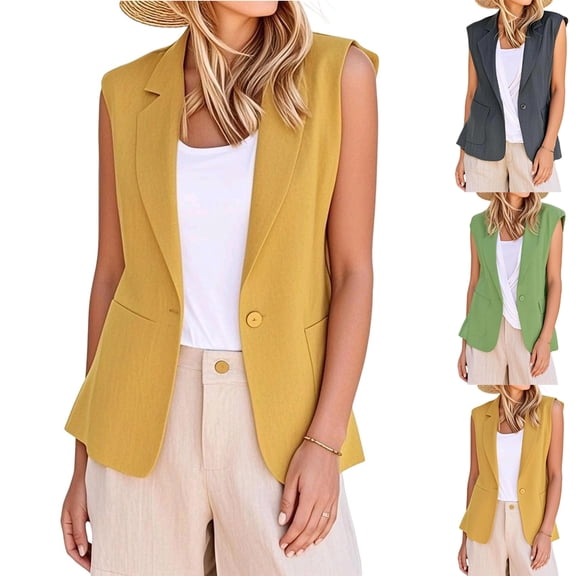 FRSASU Summer Sleeveless Blazers for Women Business Casual Dressy Lapel V Neck Button Open Front Work Suit Vest Tops Yellow