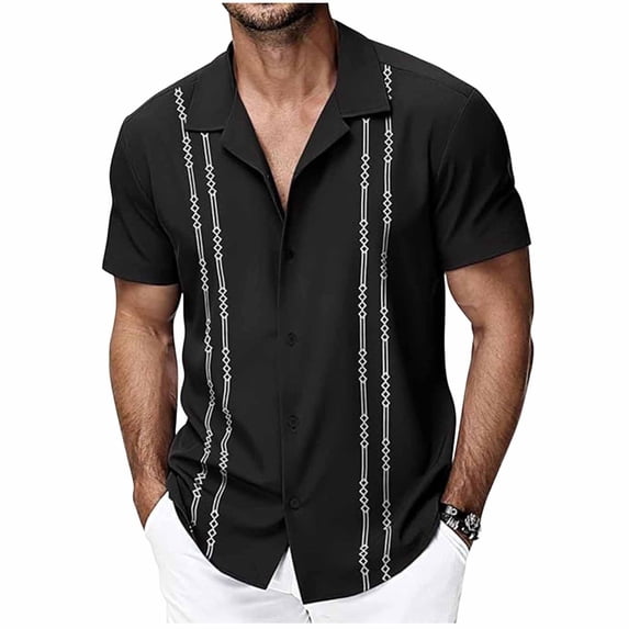 FRSASU Summer Striped Retro Printed Men's Shirts Casual Men's Short-Sleeved Shirts Outdoor Vacation Beach Shirts Seaside T-Shirt Black
