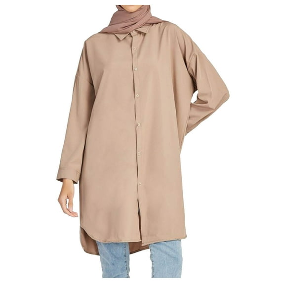 FRSASU Summer Tops Clearance Women'S Solid Color Lapel Long-Sleeved Pocket Shirt Khaki 14(XXXXL)