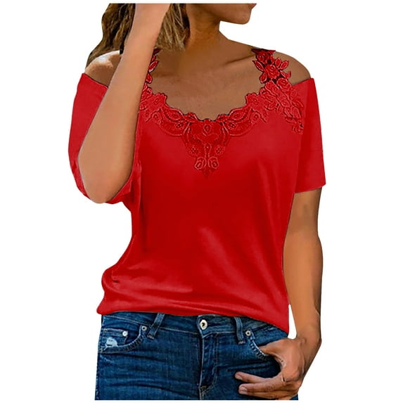 FRSASU Summer Tops Women'S Summer V-Neck Lace Patchwork Solid Caims Blouse Top Red 8(L)