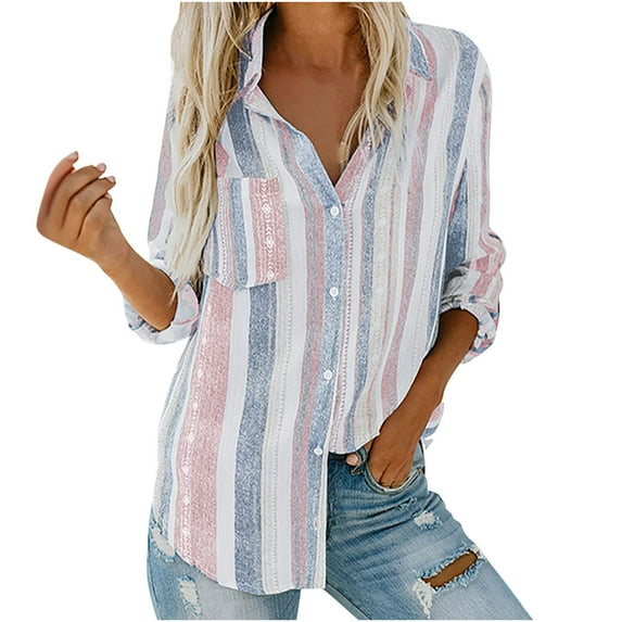 FRSASU Summer Tops Clearance Womens V Neck Striped Roll Up Sleeve Blouses Tops with Pocket Loose Shirt Sky Blue 10(XL)