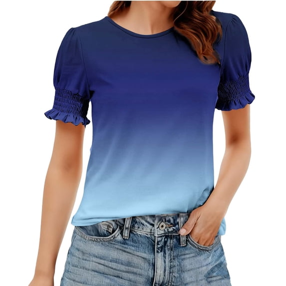 FRSASU Summer Tops for Women Puff Sleeve Crewneck Dressy Casual Blouses Loose Fit Outfits Gradient T-Shirts Blue-A