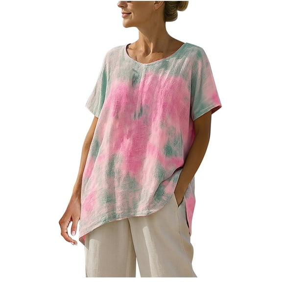 FRSASU Summer Tops for Women Short Sleeve V Neck Tie Dye Printing Shirts Loose Casual Tops Pink M(M)