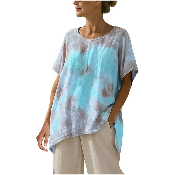 FRSASU Summer Tops for Women Short Sleeve V Neck Tie Dye Printing Shirts Loose Casual Tops Sky Blue XXL(XXL)