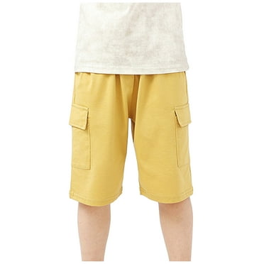 FRSASU Summer elastic waist quick drying and breathable capris for boys and girls, solid color large pocket workwear pants for children Yellow 11 Years