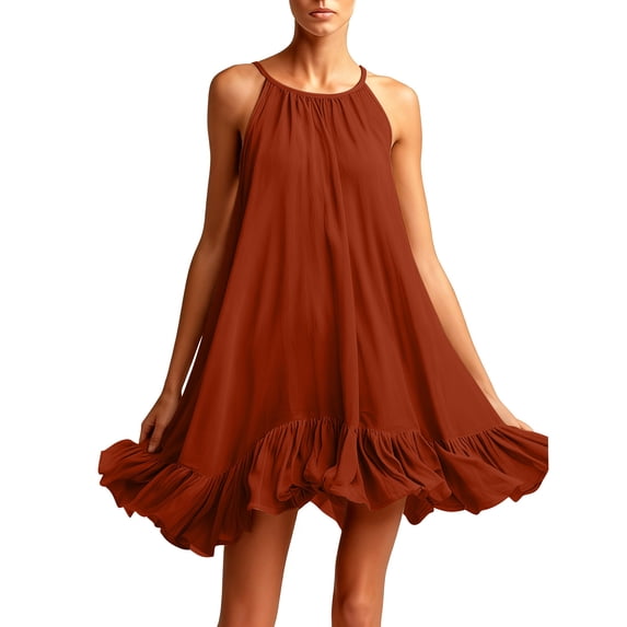 FRSASU Sundresses for Women Spaghetti Strap Ruffle Hem Short Flowy Casual Summer Beach Vacation Dresses Orange