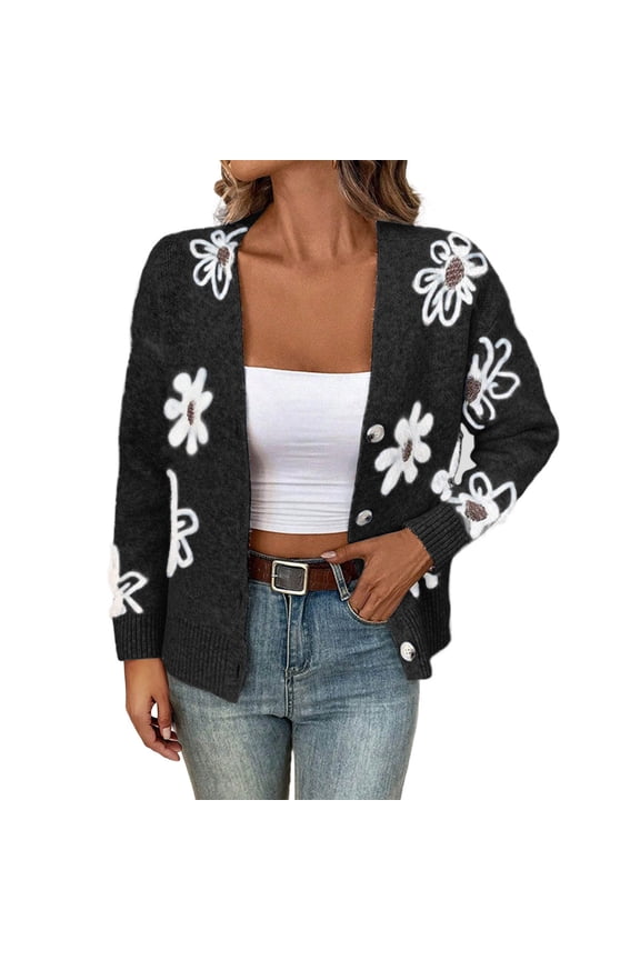 Sweater Cardigan Women Loose Casual Floral Pattern Open Front Cardigans Button Up Long Sleeve Knit Sweaters Jacket Black L(L)