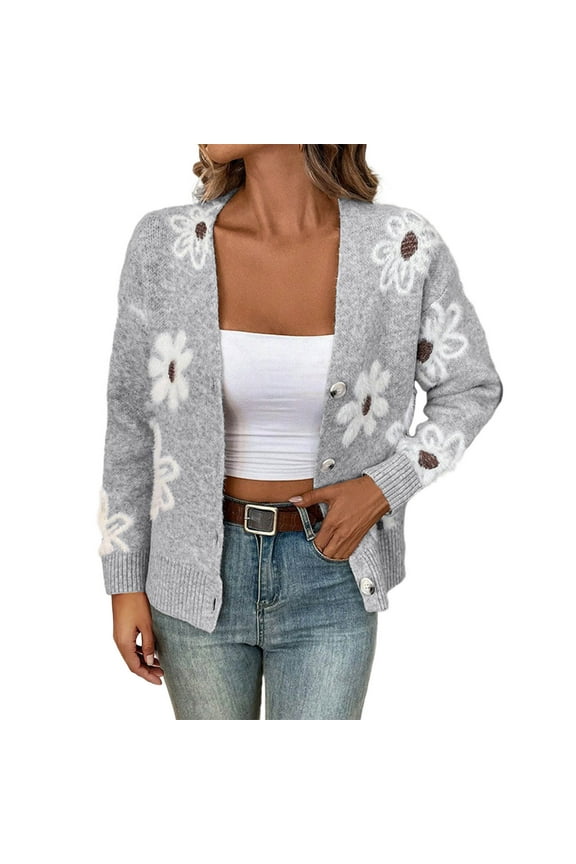Sweater Cardigan Women Loose Casual Floral Pattern Open Front Cardigans Button Up Long Sleeve Knit Sweaters Jacket Gray XXL(XXL)