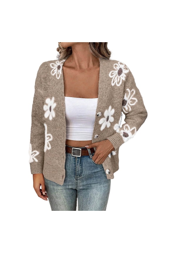 Sweater Cardigan Women Loose Casual Floral Pattern Open Front Cardigans Button Up Long Sleeve Knit Sweaters Jacket Khaki S(S)