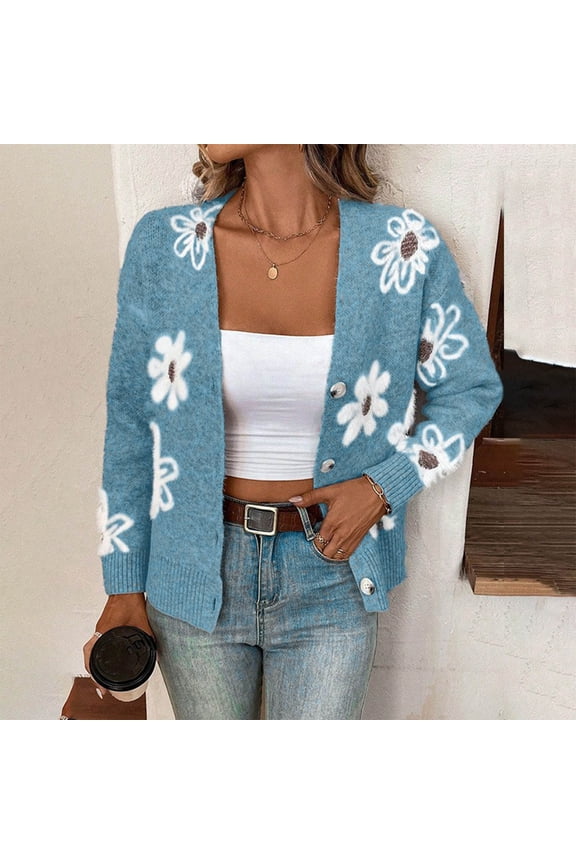 Women's Cardigan Sweaters Long Sleeve Button Down Floral Sweater long sleeved knitted cardigan jacket Sky Blue