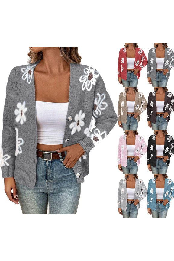 Sweater Cardigan Women Loose Casual Floral Pattern Open Front Cardigans Button Up Long Sleeve Knit Sweaters Jacket Sky Blue XL(XL)