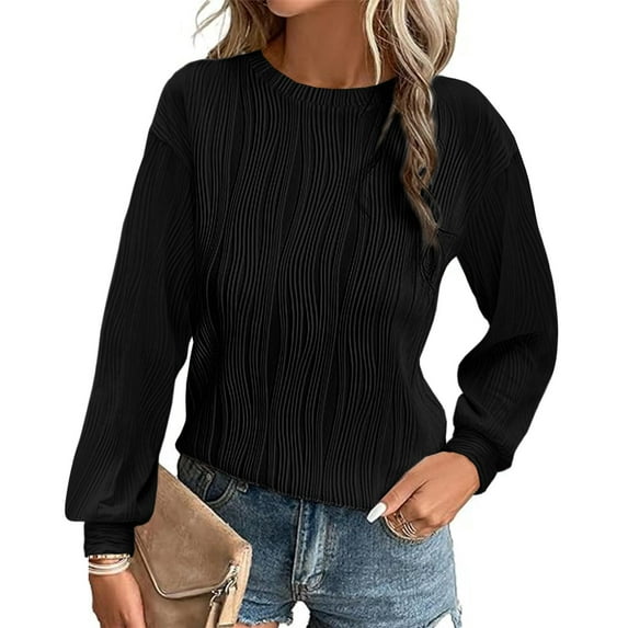 FRSASU Sweatshirt for Women fashionable and comfortable Casual Crewneck Long Sleeve Solid knitted Pullover Sweatshirts Tops Black