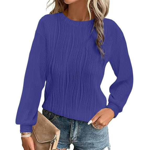 FRSASU Sweatshirt for Women fashionable and comfortable Casual Crewneck Long Sleeve Solid knitted Pullover Sweatshirts Tops Blue