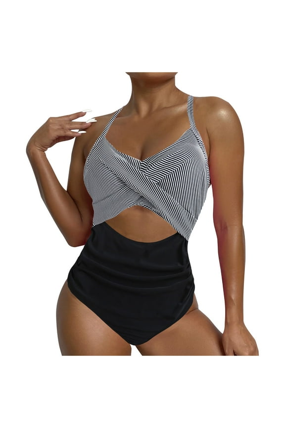 Swimsuits for Women 2024 Women's Plus Size Hanging Neck Strap Backless Swimsuit Black 10(XL)