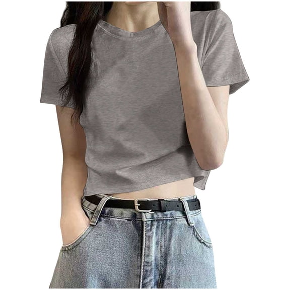 FRSASU T-Shirts for Women - Short Sleeve Solid Color Basic Tees Soft Crew Neck Trendy Summer Tops for Casual Clothes Gray