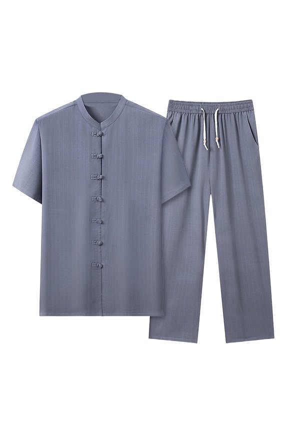 Tang Suit Men Hanfu Chinese Traditional Clothes Kung Fu Shirt Uniform Short Sleeved Frog Button Shirt Coat Tops and Pants Blue