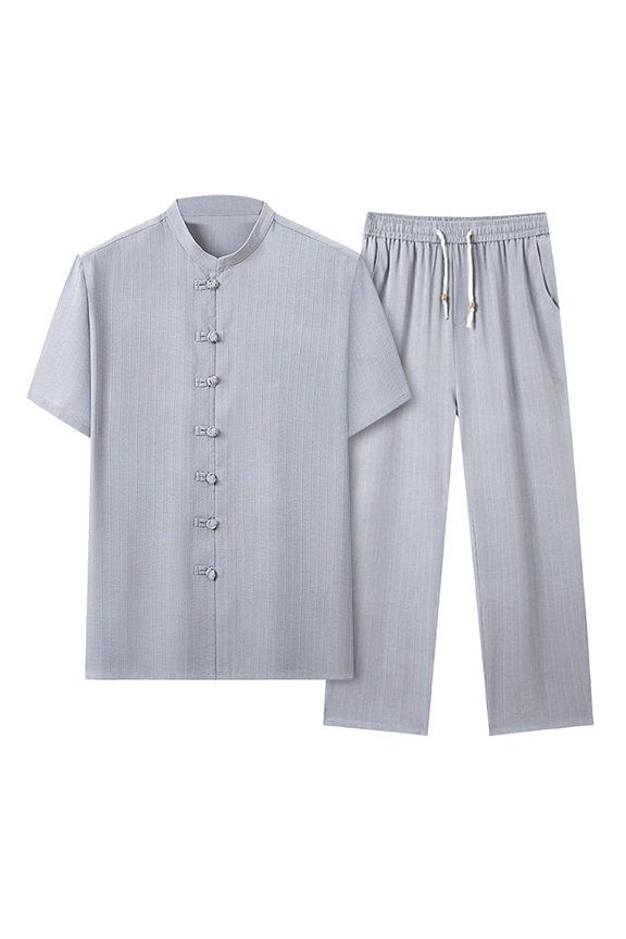 Tang Suit Men Hanfu Chinese Traditional Clothes Kung Fu Shirt Uniform Short Sleeved Frog Button Shirt Coat Tops and Pants Gray