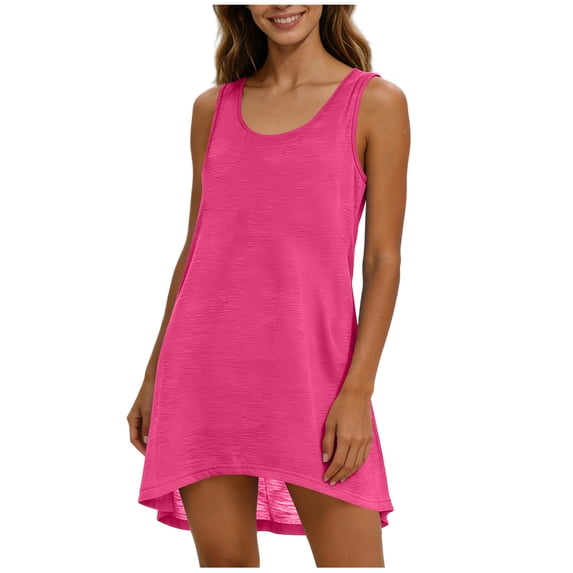 FRSASU Tank Dresses for Women Sleeveless Crewneck Summer Casual Loose Fit Beach Vacation Sundress Hot Pink