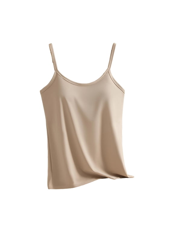 Tank Tops for Women V-Neck Adjustable Spaghetti Strap Tops Padded Summer Basic Cami Shirts Khaki