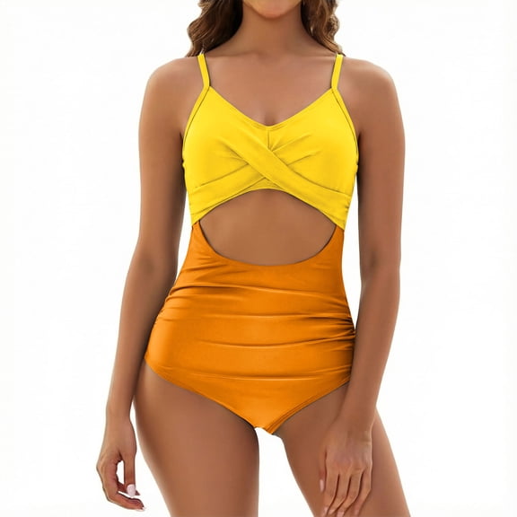 FRSASU Tankini Swimsuits for Women Criss Cross Back V Neck Adjustable Straps One Piece Bathing Suits with Bikini Bottom Yellow
