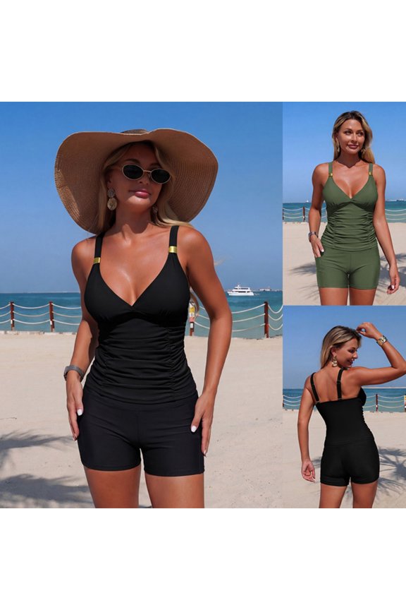 Tankini Swimsuits for Women - Solid Color Two Piece Tummy Control Bathing Suit with Pockets Shorts Modest Swimwear Black