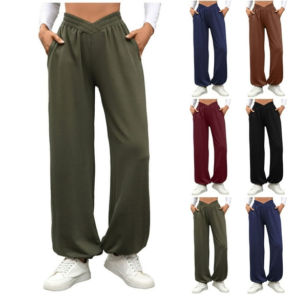 FRSASU Tapered tapered pants for Women Solid Color Casual Basic Drawstring Trousers Elastic High Waist Loose Pants with Pockets Wine