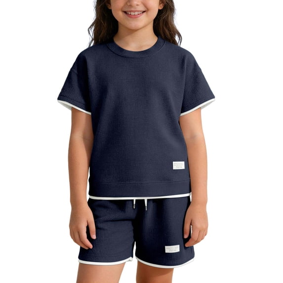 FRSASU Teen Girl's 2 Piece Summer Outfits Kids Casual Waffle Short Sleeve T-Shirt Baggy Drawstring Shorts Set Dark Blue