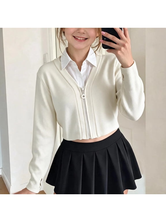 Teen Girls Collar Zip Front Cropped Ribbed Knit Sweater Long Sleeve Preppy Style Casual Crop Cardigan Tops White-A