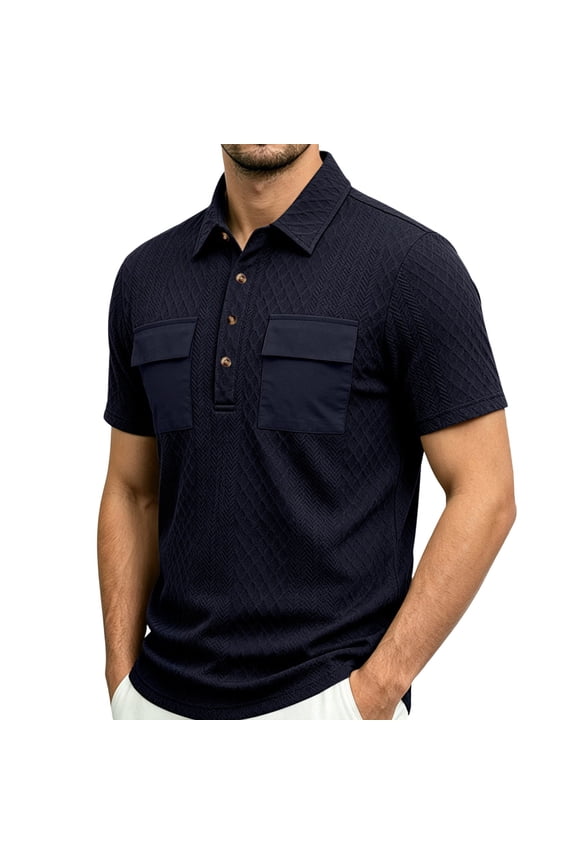 Textured Collar Shirts for Men Short Sleeve Button T-Shirt Business Casual Work Shirts with 2 Chest Pockets Navy