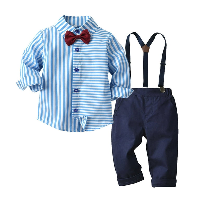 FRSASU Toddler Baby Boys Gentleman Bow Tie Striped T-Shirt Tops+Suspender Pants  Outfits Blue 110(3-4 Years) 