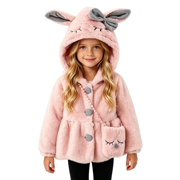 FRSASU Toddler Baby Girls Winter Faux Fur Coat Bunny Ear Hooded Fleece Thick Warm Jacket with Bag Cute Fuzzy Outerwear Set Pink