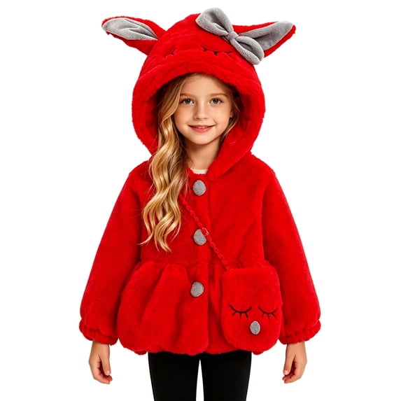 FRSASU Toddler Baby Girls Winter Faux Fur Coat Bunny Ear Hooded Fleece Thick Warm Jacket with Bag Cute Fuzzy Outerwear Set Red