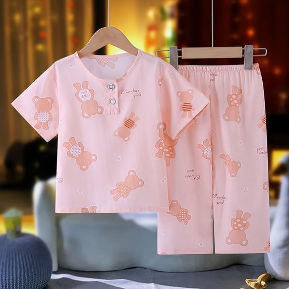 FRSASU Toddler Boy Girls 2PC Outfits Knitted Cartoon Print T-Shirt with Pants Set Summer Casual Soft Pajamas Set Multicolor