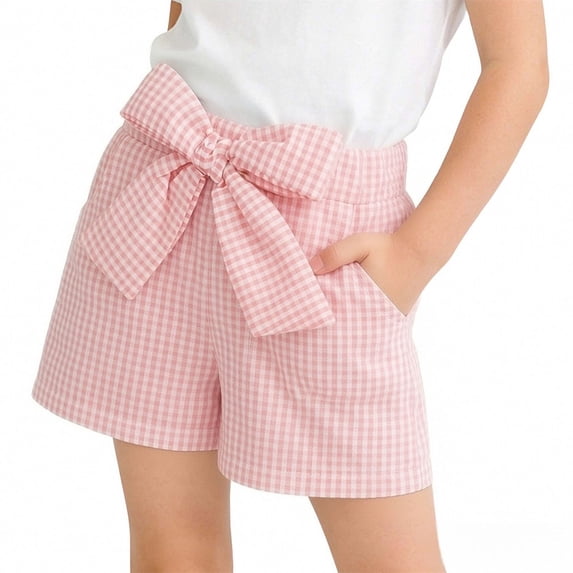 FRSASU Toddler Girl's Shorts Gingham Plaid Print Casual Bow Elastic Waist Short Pants Summer Children Shorts Pink