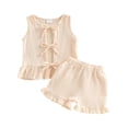thumbnail image 1 of FRSASU Toddler Girl's Summer Cotton Outfit Bows Ruffle Vest Shirts with Ruffled Short Set Girls Cute Lounge Sets Beige, 1 of 5