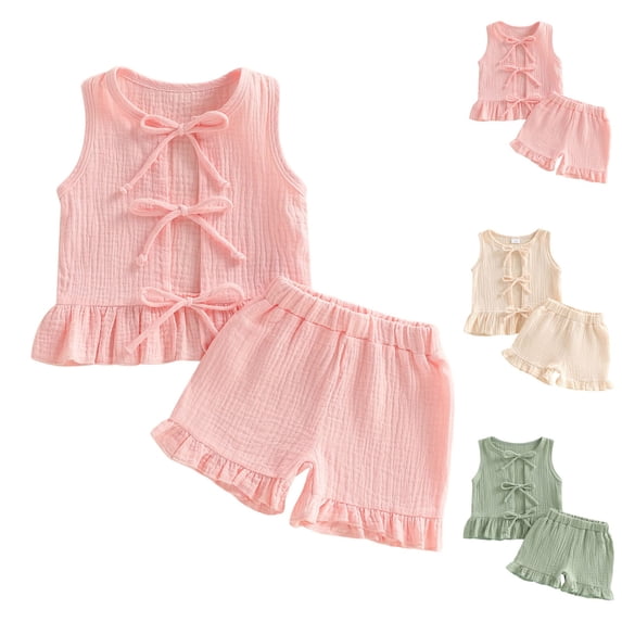 FRSASU Toddler Girl's Summer Cotton Outfit Bows Ruffle Vest Shirts with Ruffled Short Set Girls Cute Lounge Sets Pink