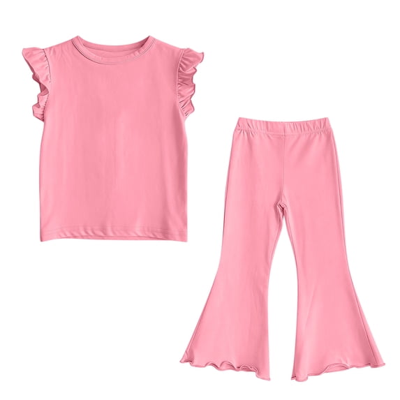 FRSASU Toddler Girls 2 Piece Outfits Ruffle Sleeve Cotton Summer Tops and Wide Leg Pants Tracksuit Sets for Kids 12M-9T Hot Pink