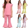 thumbnail image 1 of FRSASU Toddler Girls 2 Piece Outfits Ruffle Sleeve Cotton Summer Tops and Wide Leg Pants Tracksuit Sets for Kids 12M-9T Yellow, 1 of 8