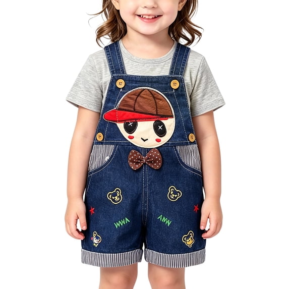 FRSASU Toddler Girls Cartoon Denim Short Overalls Cute Doll Pattern Jean Shortalls with Adjustable Straps Kids Summer Casual Romper Blue-D